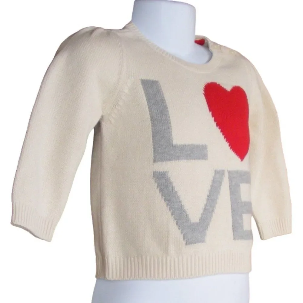 BABY GAP Sweater, 6-12M, Cream/Grey Text, Love, 2 button shoulder, Red Heart